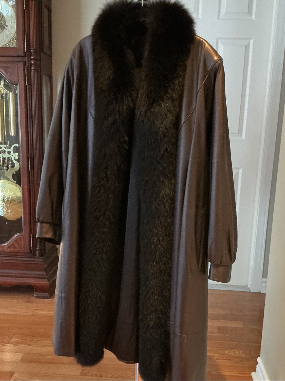 Women’s Full Length Leather Coat with Fur Trim